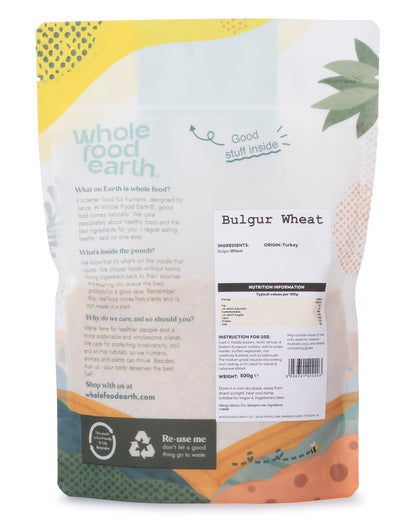 Whole Food Earth bulgur wheat in a 500g package, showing the grains used in healthy cooking and grain dishes.