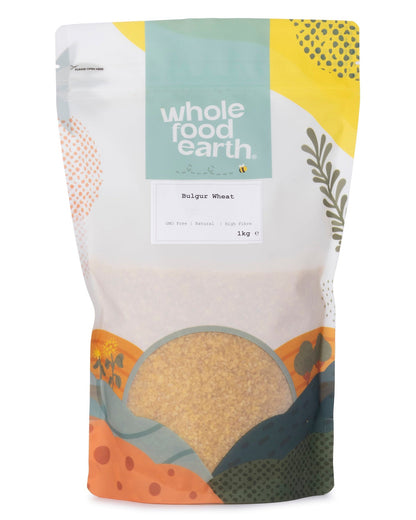 Whole Food Earth bulgur wheat in a 1kg package, showing the dry, golden grains of this wholesome flour and grain product.