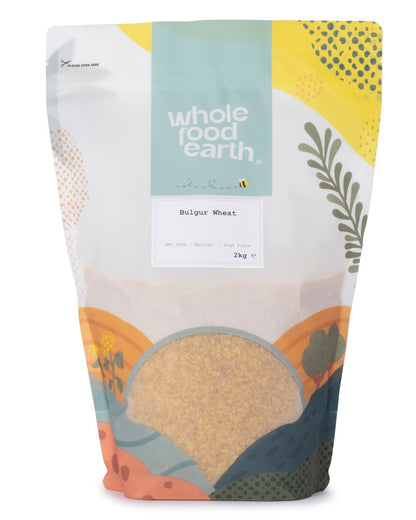 Two kilograms of Whole Food Earth bulgur wheat, a natural whole grain flour for cooking and baking.