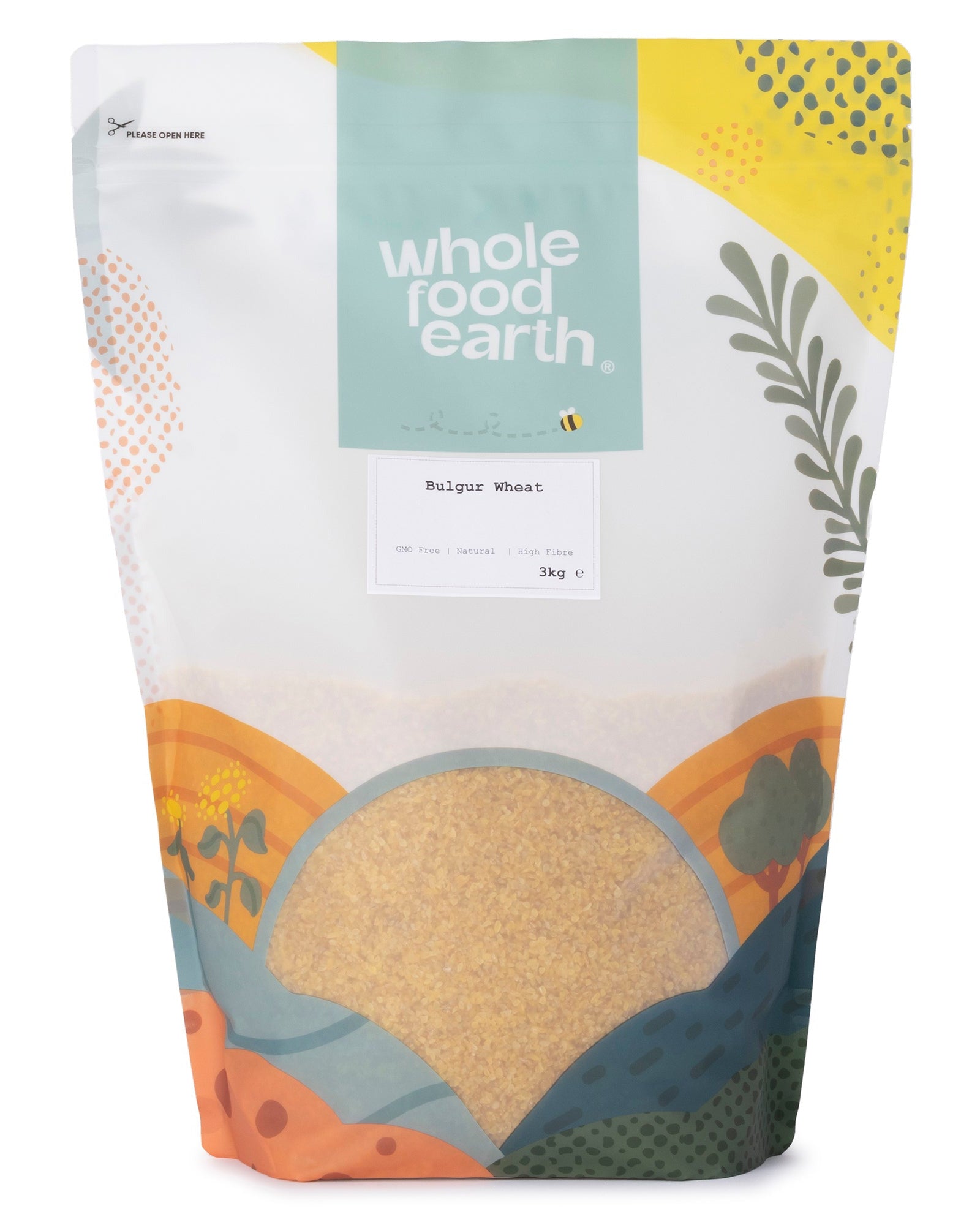 Whole Food Earth bulgur wheat in a 3kg bag, showcasing the natural golden grains of this wholesome flour and grain product.