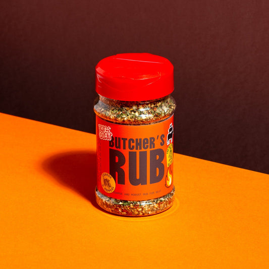 Global Butcher's Rub seasoning blend in 150g shaker by The GOAT Seasoning Blends, shown in a colorful spice shaker container.