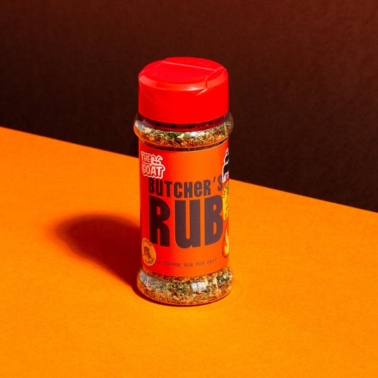 A 50g shaker of The GOAT Seasoning Blends Butcher's Rub, a global-style spice blend for grilling and barbecuing.