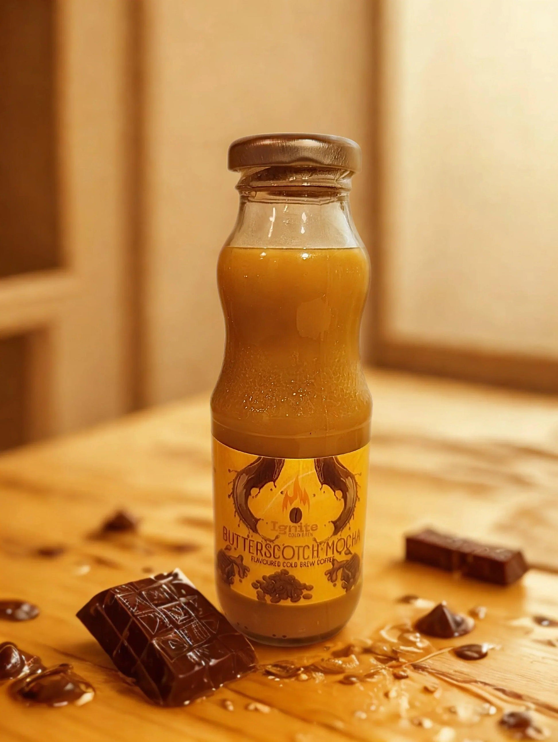 Six bottles of Ignite Coffee Co Mocha Pack featuring luxurious chocolate mocha cold brews in a box, with butterscotch flavor visible.