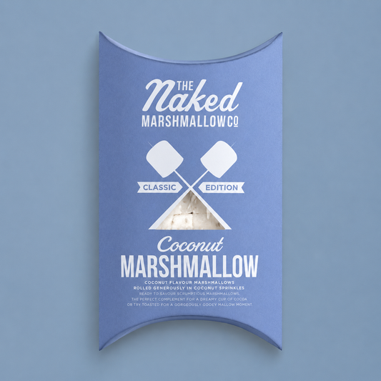 Coconut Gourmet Marshmallow by THE MARSHMALLOW FACTORY, soft and fluffy marshmallow with coconut flavor and coating.