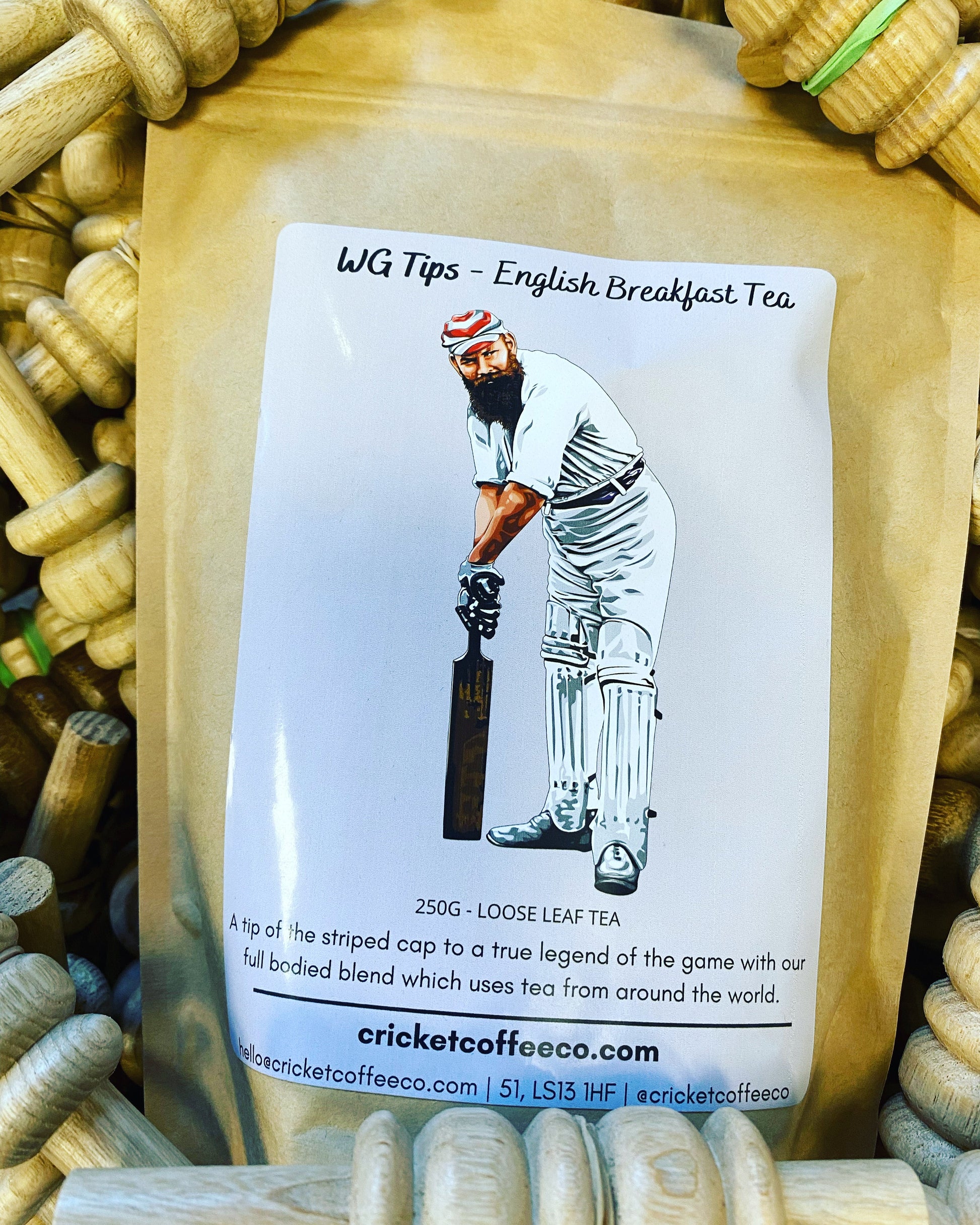 Clubhouse Roastery WG Tips English Breakfast Tea in a tea bag, showcasing the tea leaves inside a clear bag.
