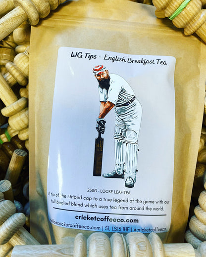 Clubhouse Roastery WG Tips English Breakfast Tea in a tea bag, showcasing the tea leaves inside a clear bag.