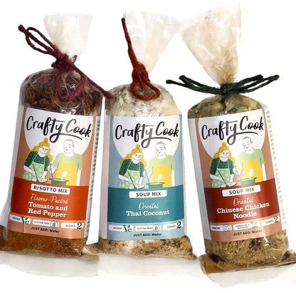 Mini savory snacks in three varieties from Crafty Cook's Camper Cuisine Green Van Collection, displayed in a colorful, themed packaging.