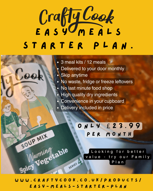 Crafty Cook Easy Meals STARTER Plan image showing colorful meal prep guides and recipe cards for beginner cooks.