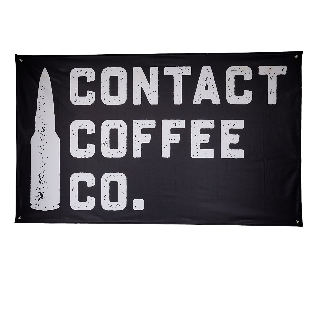 Contact Coffee Co. gear banner featuring the Contact Coffee Company Ltd. logo on a vibrant flag for coffee enthusiasts.