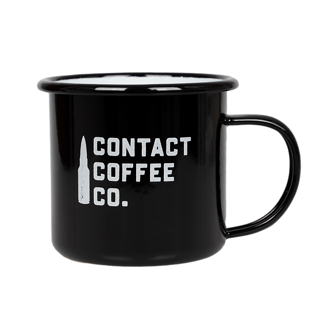 Contact Coffee Company Ltd. enamel gear mug with a glossy finish, featuring a sturdy handle and classic design.