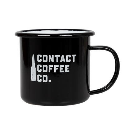 Contact Coffee Company Ltd. enamel gear mug with a glossy finish, featuring a sturdy handle and classic design.