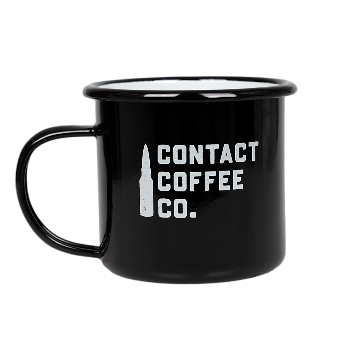 Contact Coffee Company Ltd. enamel gear mug with a classic design, featuring a smooth, durable enamel surface and sturdy handle.