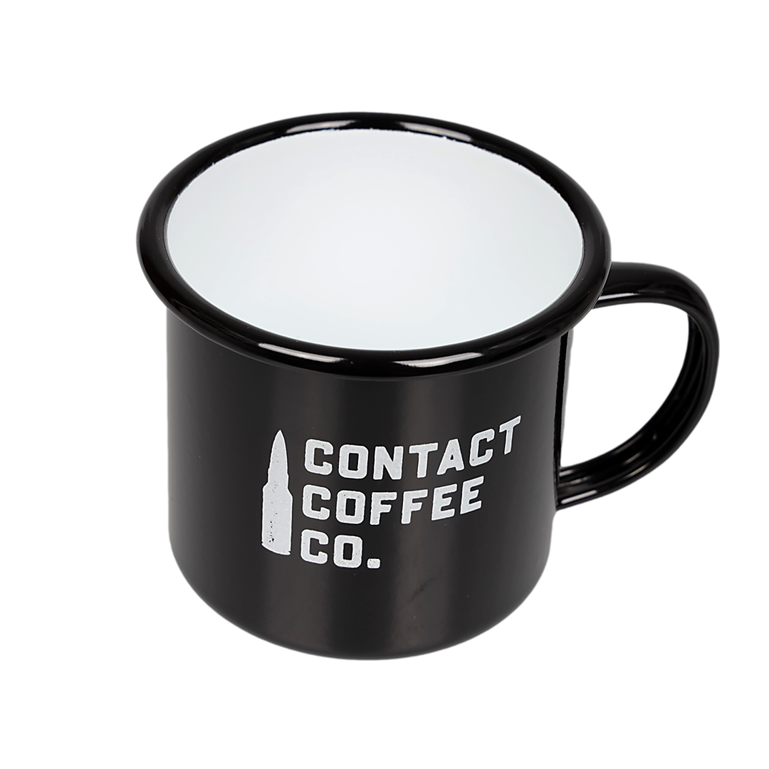 Red enamel mug from Contact Coffee Company Ltd. featuring a sturdy gear shape and classic enamel finish for durable outdoor use.