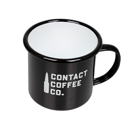 Red enamel mug from Contact Coffee Company Ltd. featuring a sturdy gear shape and classic enamel finish for durable outdoor use.