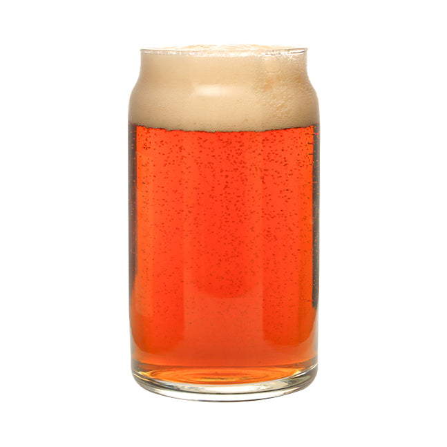 Set of six Glassware UK whisky tumblers designed to resemble beer cans, 450ml capacity, clear glass with detailed can design.