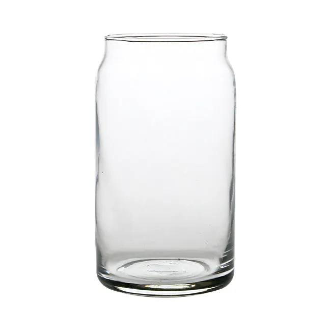 Set of six Glassware UK beer can-shaped whisky tumblers, 450ml capacity, clear glass with detailed beer can design.