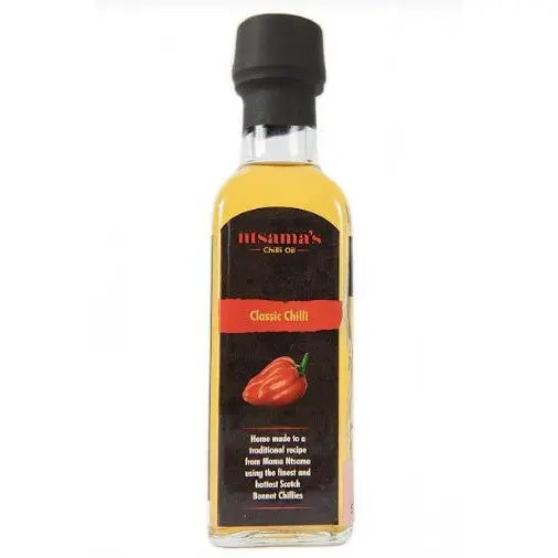 Bottle of Best Chilli Classic Oil by ntsama.co.uk with red chili peppers and oil visible in a clear glass container.