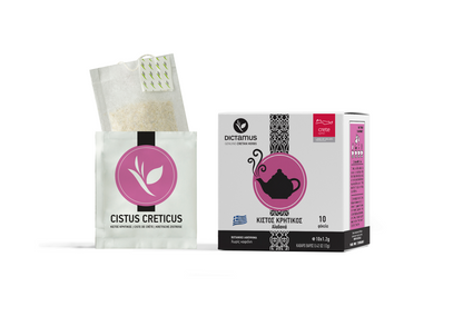 Fresh Cretan Cistus tea bags from The Greek Deli Club, showing a box of 10 herbal tea bags with Cistus flowers on the packaging.