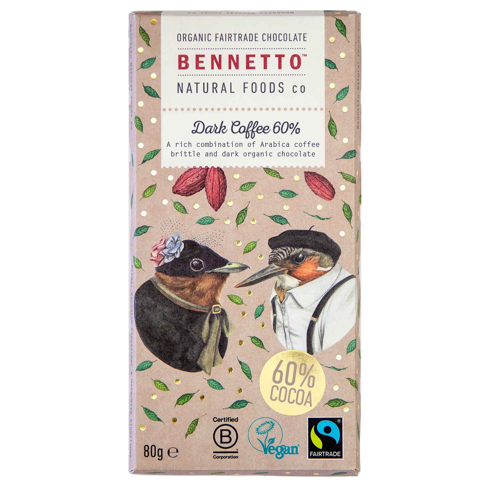 Dark coffee flavored chocolate from Bennetto Natural Foods UK, showing rich, dark chocolate pieces with coffee aroma in a close-up image.