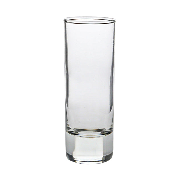 Set of six 60ml Tower shot glasses by Glassware UK, clear glass with a tall, stacked design for serving spirits or liqueurs.