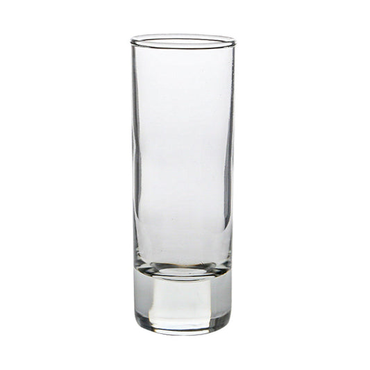 Set of six 60ml Tower shot glasses by Glassware UK, clear glass with a tall, stacked design for serving spirits or liqueurs.