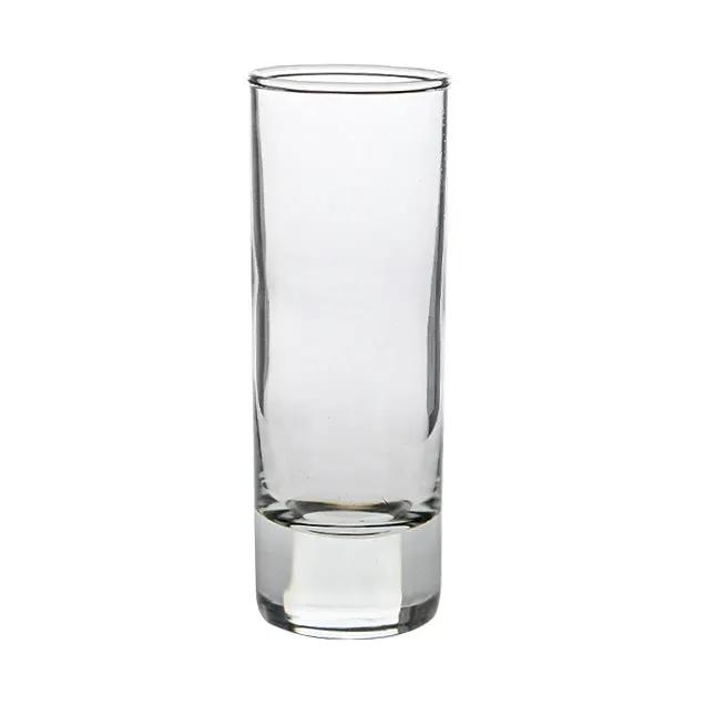 Set of six Glassware UK Tower shot glasses, 60ml capacity, clear glass with a tall, stacked design, on a white background.