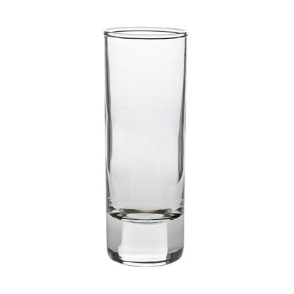 Set of six Glassware UK Tower shot glasses, 60ml capacity, clear glass with a tall, stacked design, on a white background.