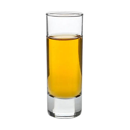 Set of six Glassware UK Tower shot glasses, 60ml capacity, clear glass with a tall, stacked design, perfect for shots and small drinks.