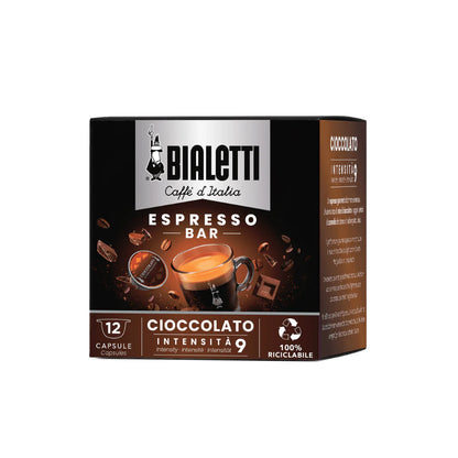 Bialetti Caffe’ d’Italia Gioia compatible coffee capsules with chocolate flavor, brewed by Brew Italia, in a sealed container.