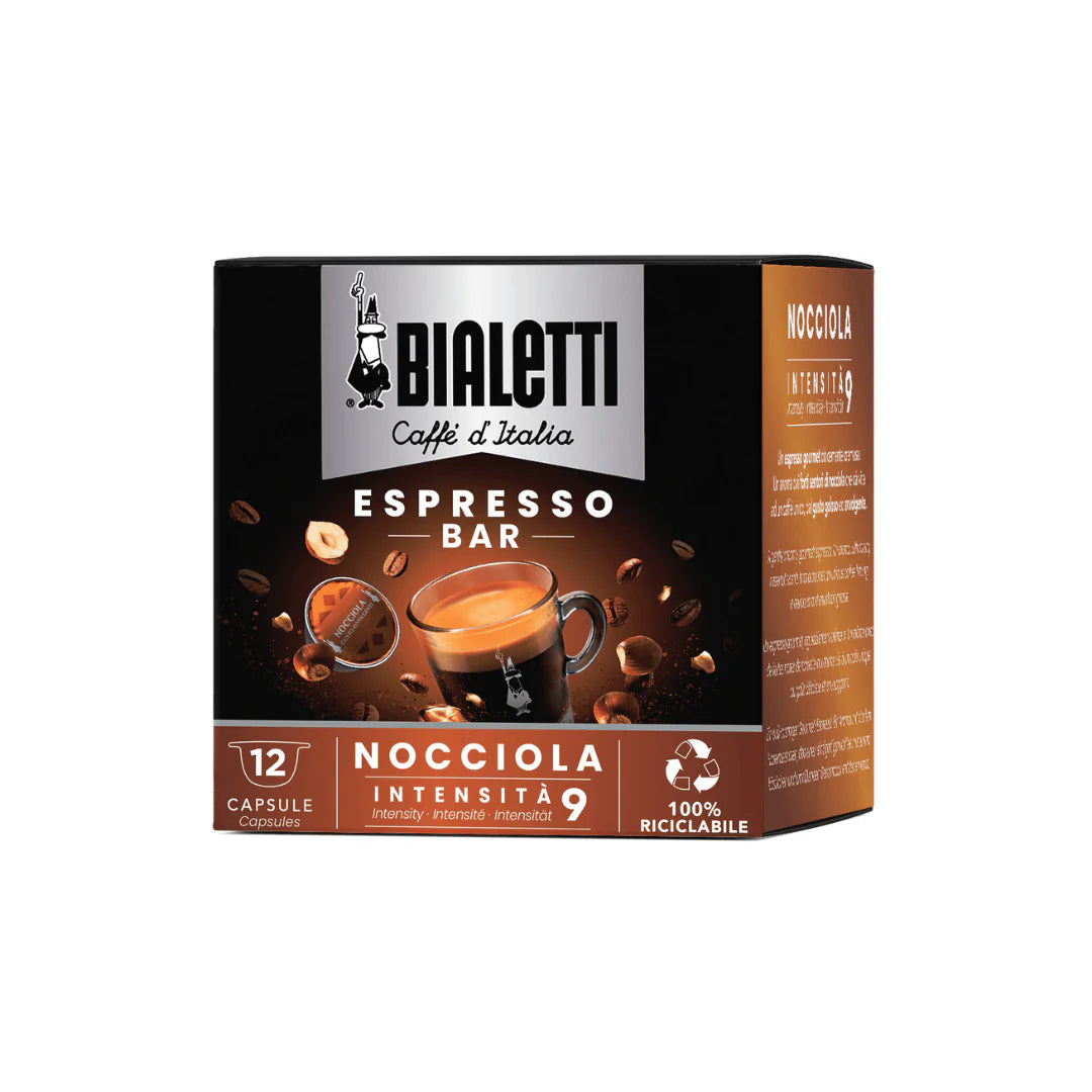 Bialetti Caffe’ d’Italia Hazelnut Coffee Capsules by Brew Italia, compatible with Gioia espresso machines, displayed in a box.
