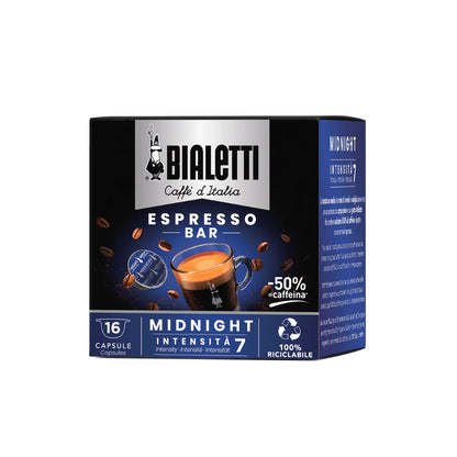 Bialetti Caffe’ d’Italia Midnight coffee capsules by Brew Italia, compatible with Gioia espresso machines, in sleek packaging.