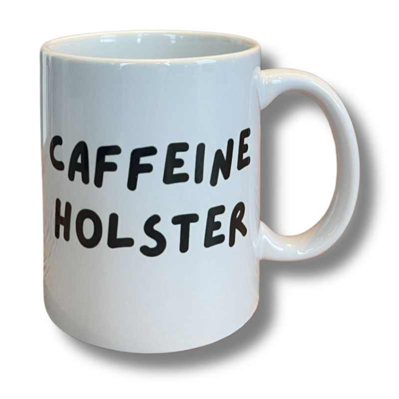 Caffeine Holster Mug by Contact Coffee Company Ltd., gear-themed ceramic mug designed to hold coffee with holster-style grip.