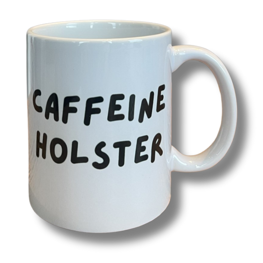 Caffeine Holster Mug by Contact Coffee Company Ltd., gear-themed ceramic mug designed to hold coffee with holster-style grip.