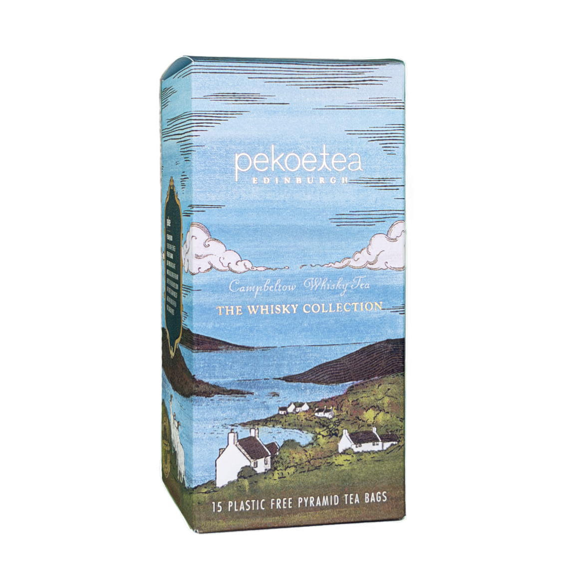 Box of PekoeTea Edinburgh Campbeltown Whisky Tea bags, featuring a colorful packaging with images of whisky and tea leaves.