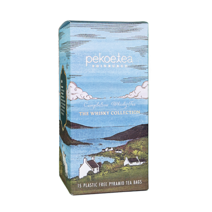 Box of PekoeTea Edinburgh Whisky Tea Campbeltown Blend tea bags featuring a decorative packaging design.