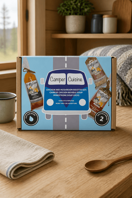 Crafty Cook Camper Cuisine blue van 3x2 serving meal set with colorful camper van illustration on packaging