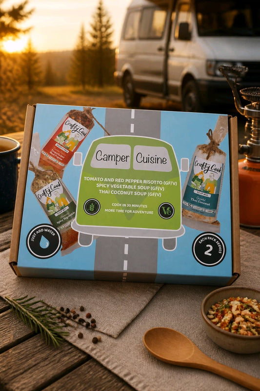 Crafty Cook Camper Cuisine green van 3 x 2 serving packs, featuring colorful camper van design on all-purpose packaging.