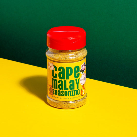 South African Cape Malay Seasoning blend in 225g shaker from The GOAT Seasoning Blends, with colorful spice mix visible.