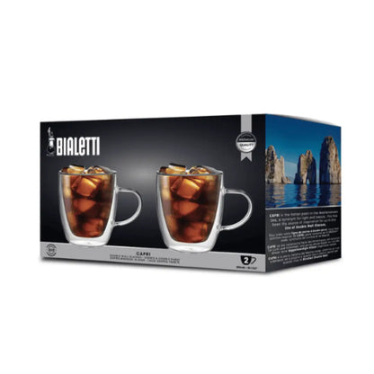 Set of two Bialetti Brew Italia Capri double-walled glass mugs with handles, 350ml capacity, showcasing clear glass and handles.