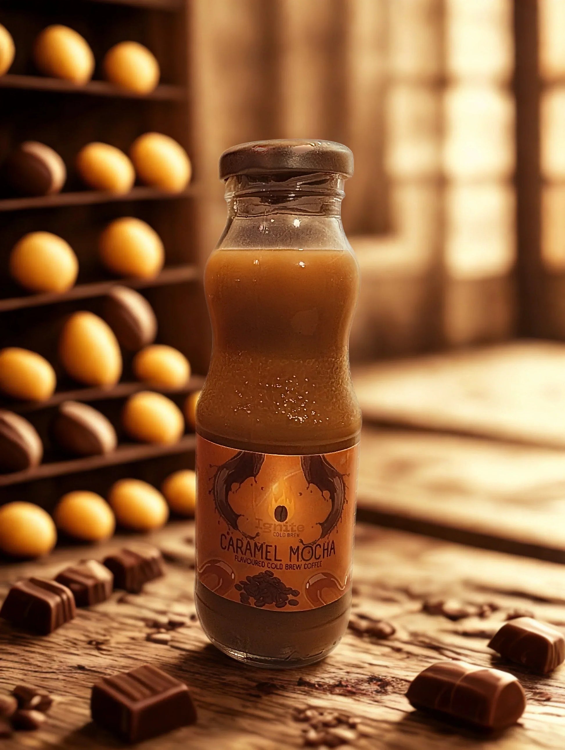 Six caramel mocha cold brew packs from Ignite Coffee Co in a box, showcasing their rich, creamy chocolate mocha beverage.
