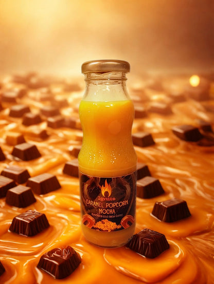 Ignite Coffee Co caramel popcorn mocha cold brew pack with six indulgent popcorn-inspired coffee bottles for cozy moments.