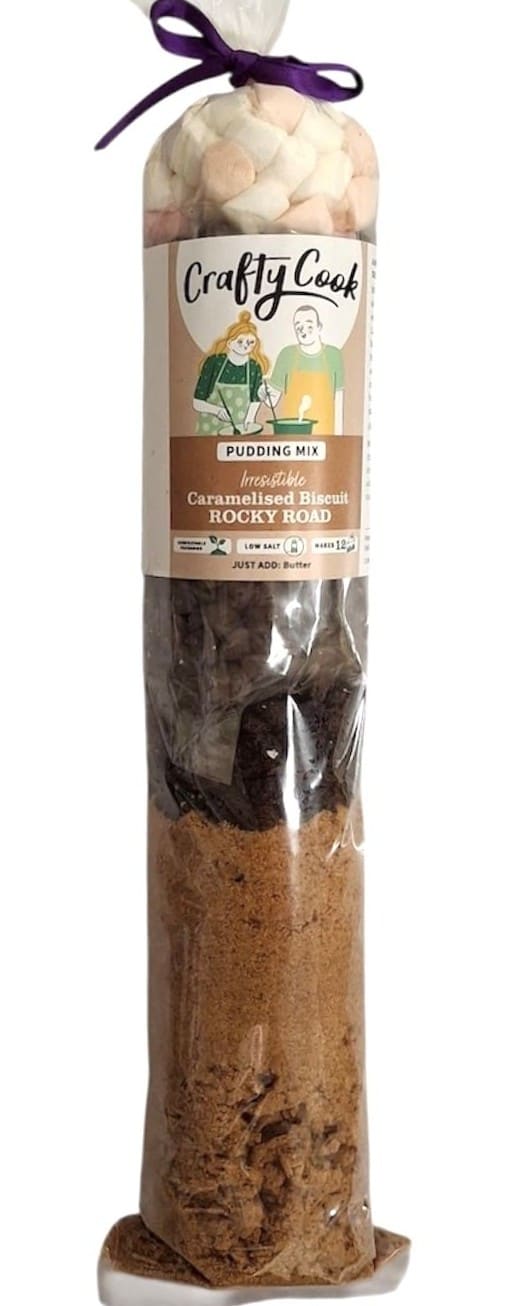 All-purpose caramelized biscuit rocky road mix by Crafty Cook, showing a colorful blend of chocolate, biscuits, and marshmallows.