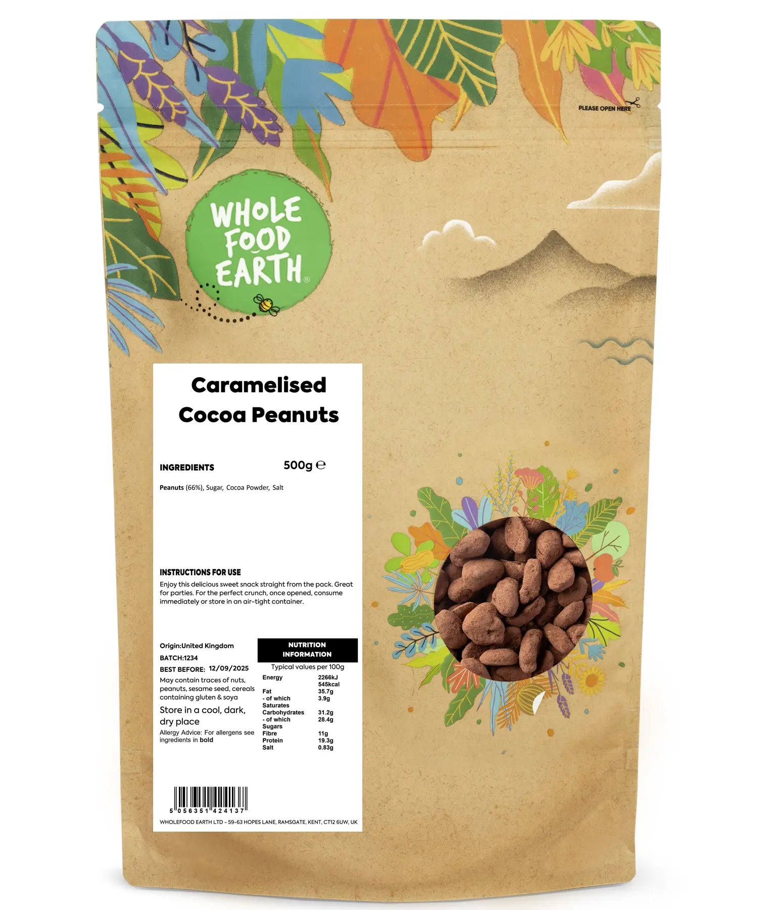 Whole Food Earth caramelised cocoa peanuts in a 500g package, featuring crunchy nuts coated in sweet cocoa caramel.