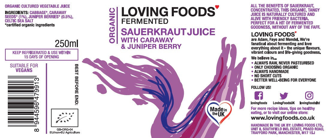 Assorted Loving Foods fermented vegetable juices, including sauerkraut and mixed fermented veggie drinks in a case.