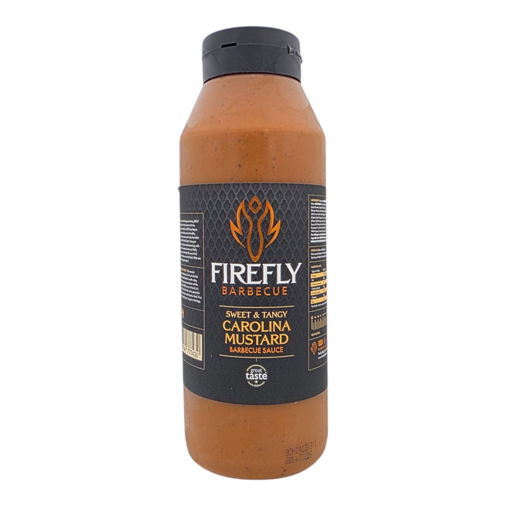 FireFly Barbecue Carolina Mustard BBQ Sauce bottle, golden yellow sauce in a 1-liter container for grilling and dipping