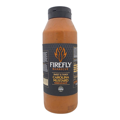 FireFly Barbecue Carolina Mustard BBQ Sauce bottle, golden yellow sauce in a 1-liter container for grilling and dipping
