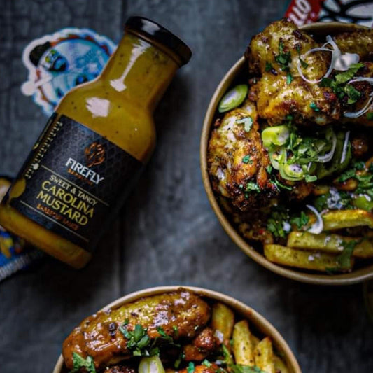 FireFly Barbecue Carolina Mustard BBQ Sauce in a jar, creamy yellow sauce with mustard and smoky flavors, ready for grilling and dipping.