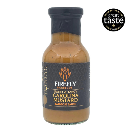 FireFly Barbecue Carolina Mustard BBQ Sauce in a bottle, showcasing its award-winning label and mustard-based flavor profile.