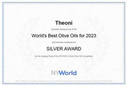 Certificate for Theoni Extra Virgin Olive Oil 500ml from The Greek Deli Club, showing quality certification and branding.