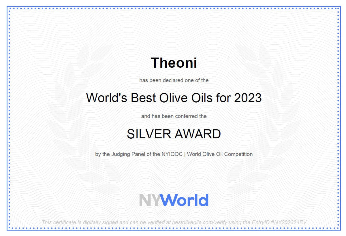 Certificate for Theoni Extra Virgin Olive Oil 1L from The Greek Deli Club, featuring NYIOOC 2023 award recognition.